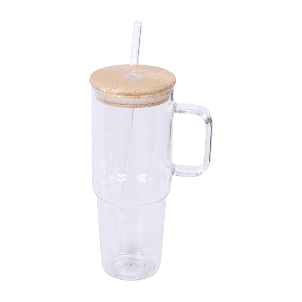 כוס זכוכית עם ידית, מכסה במבוק וקש