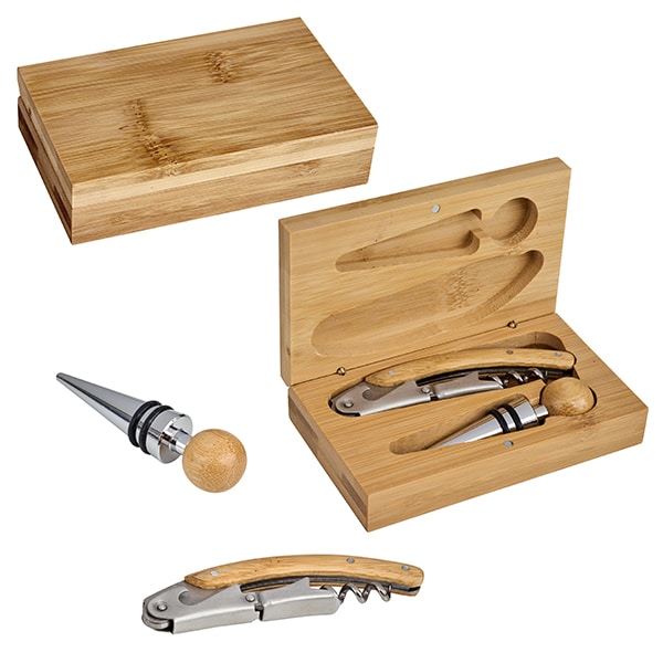 פותחן ופקק יין במארז עץ במבוק