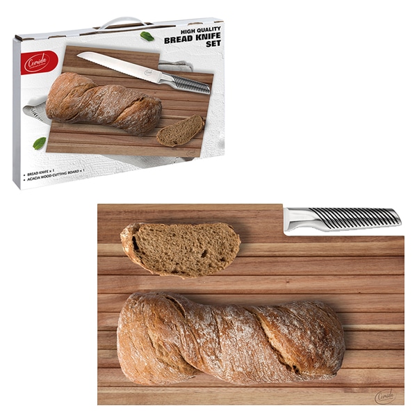 קרש חיתוך להגשה עם סכין לפריסת לחמים